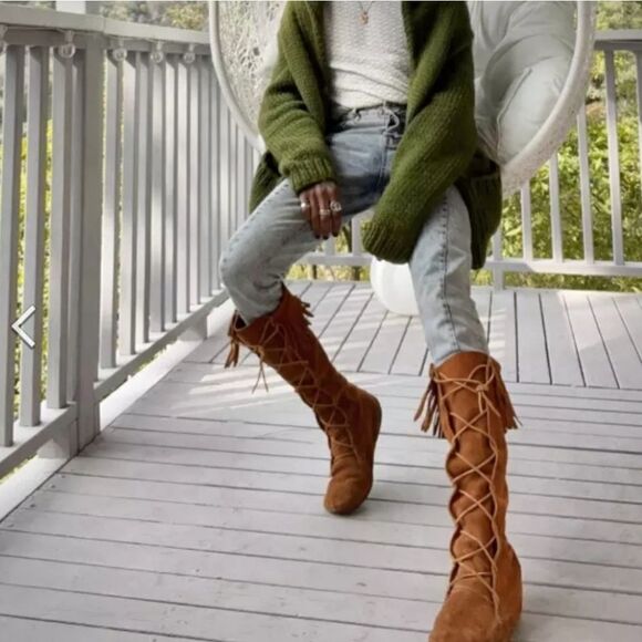 Minnetonka Brown Lace Front Knee High Suede Fringe Moccasins Festival Boots Sz 7 - Picture 10 of 11